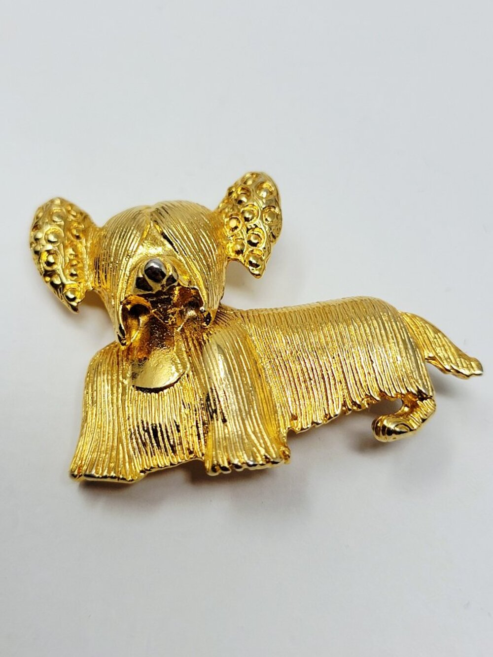 Gold Tone Long Haired Shaggy Dog Figural Brooch Pin